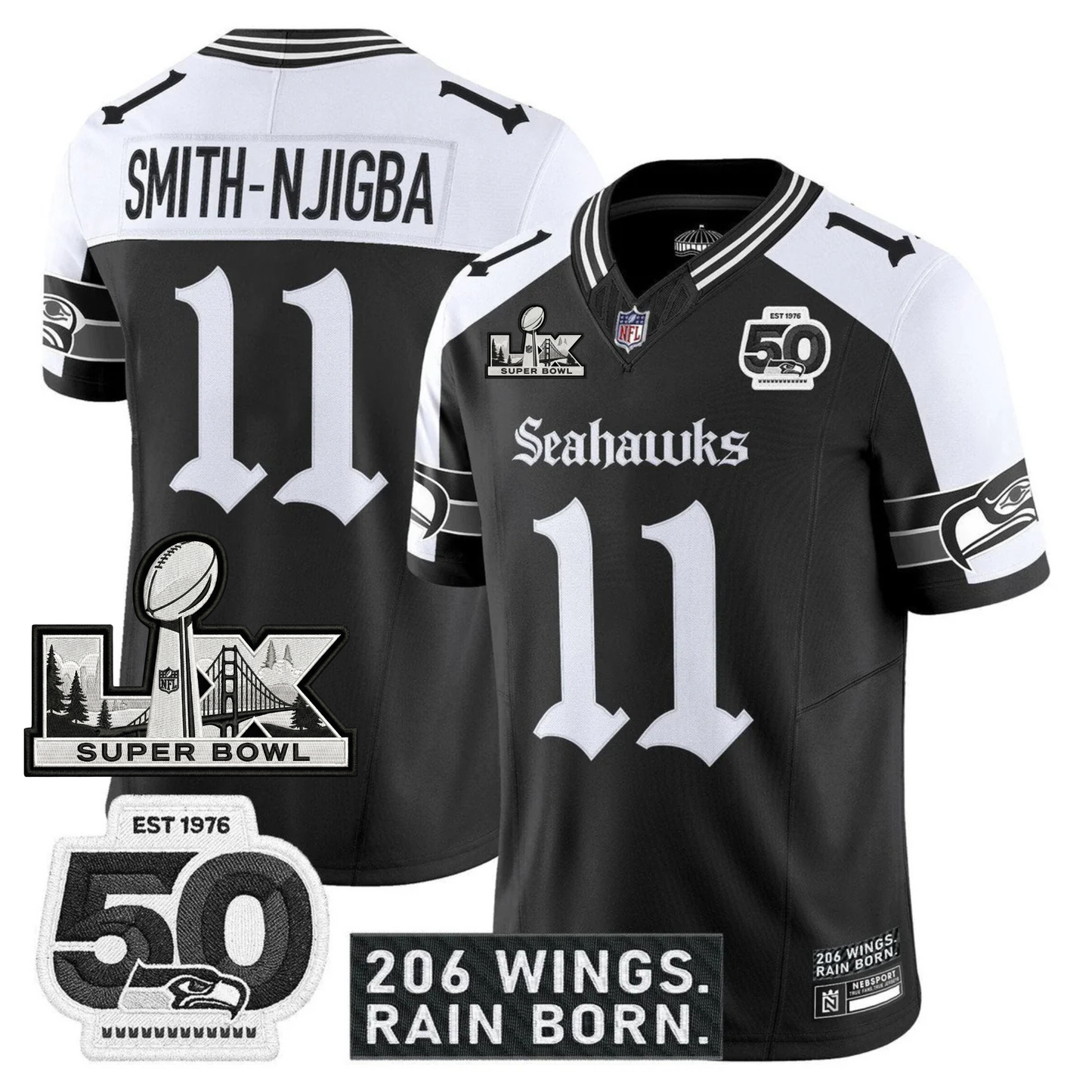 SEA 'Gothic Rain City Shadows Edition' Vapor Jersey - NFC Champions Patch - All Stitched