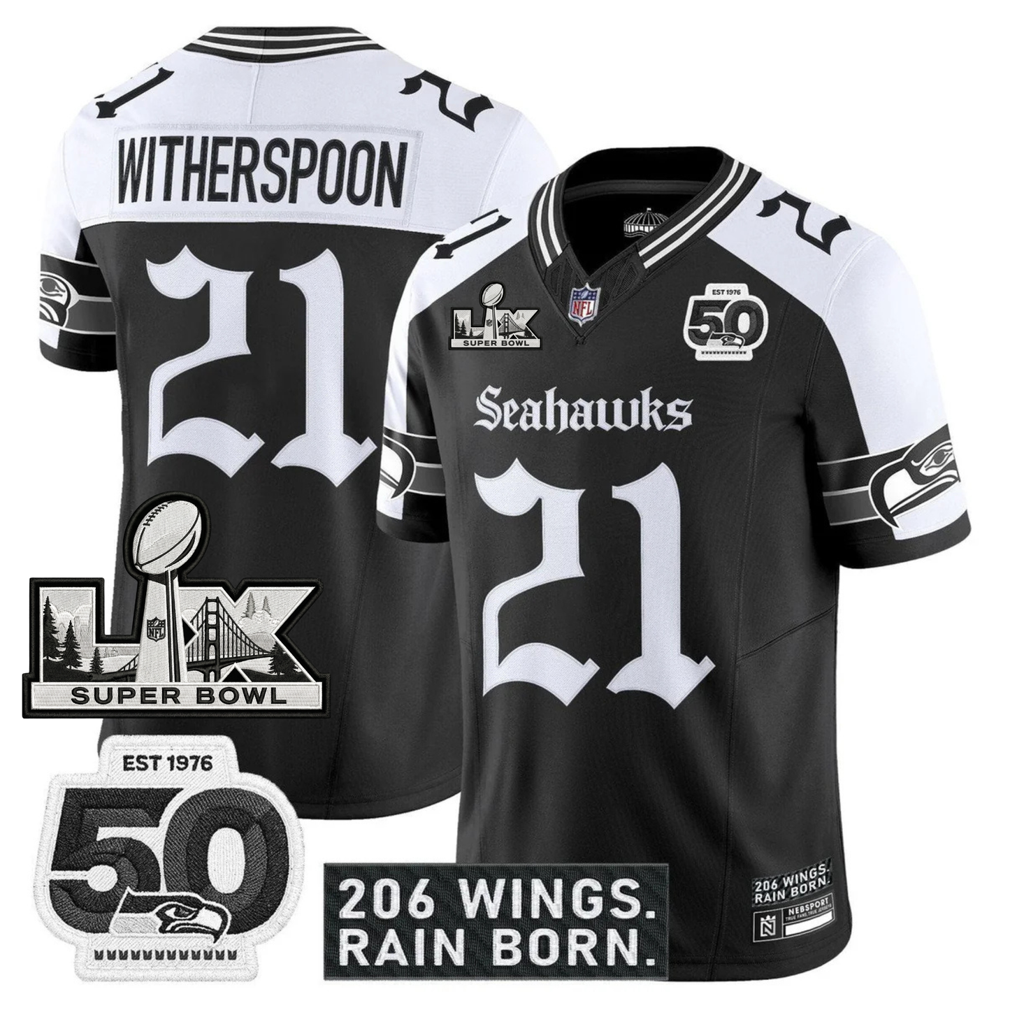 SEA 'Gothic Rain City Shadows Edition' Vapor Jersey - NFC Champions Patch - All Stitched