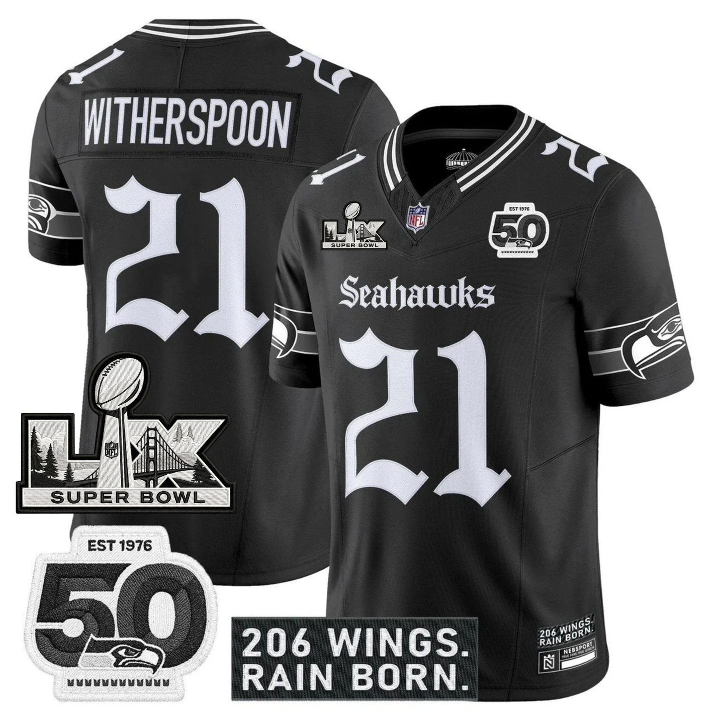 SEA 'Gothic Rain City Shadows Edition' Vapor Jersey - NFC Champions Patch - All Stitched