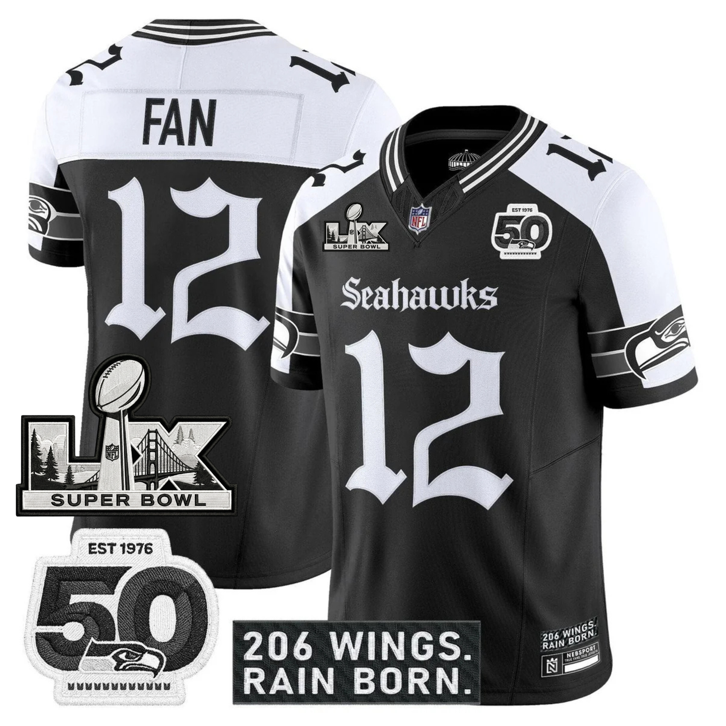 SEA 'Gothic Rain City Shadows Edition' Vapor Jersey - NFC Champions Patch - All Stitched