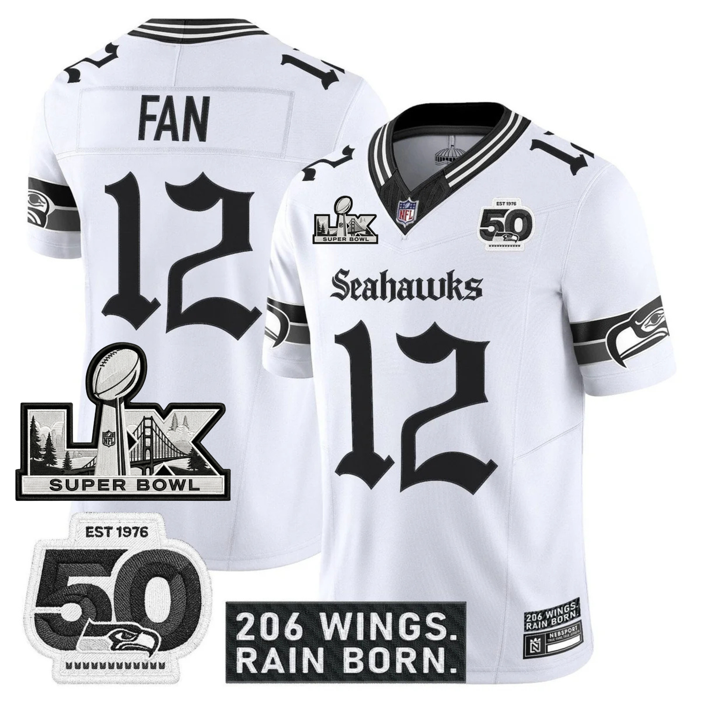 SEA 'Gothic Rain City Shadows Edition' Vapor Jersey - NFC Champions Patch - All Stitched