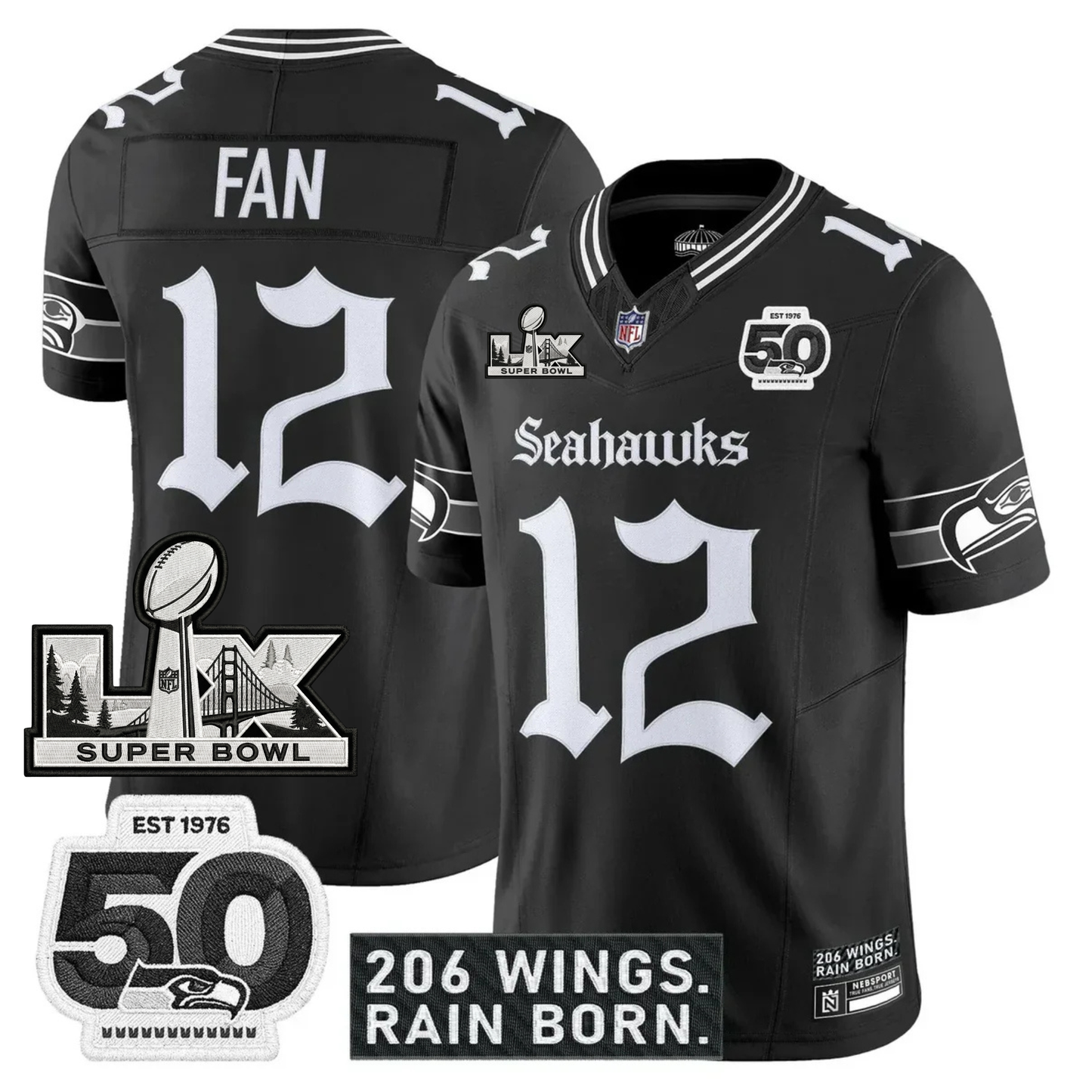 SEA 'Gothic Rain City Shadows Edition' Vapor Jersey - NFC Champions Patch - All Stitched