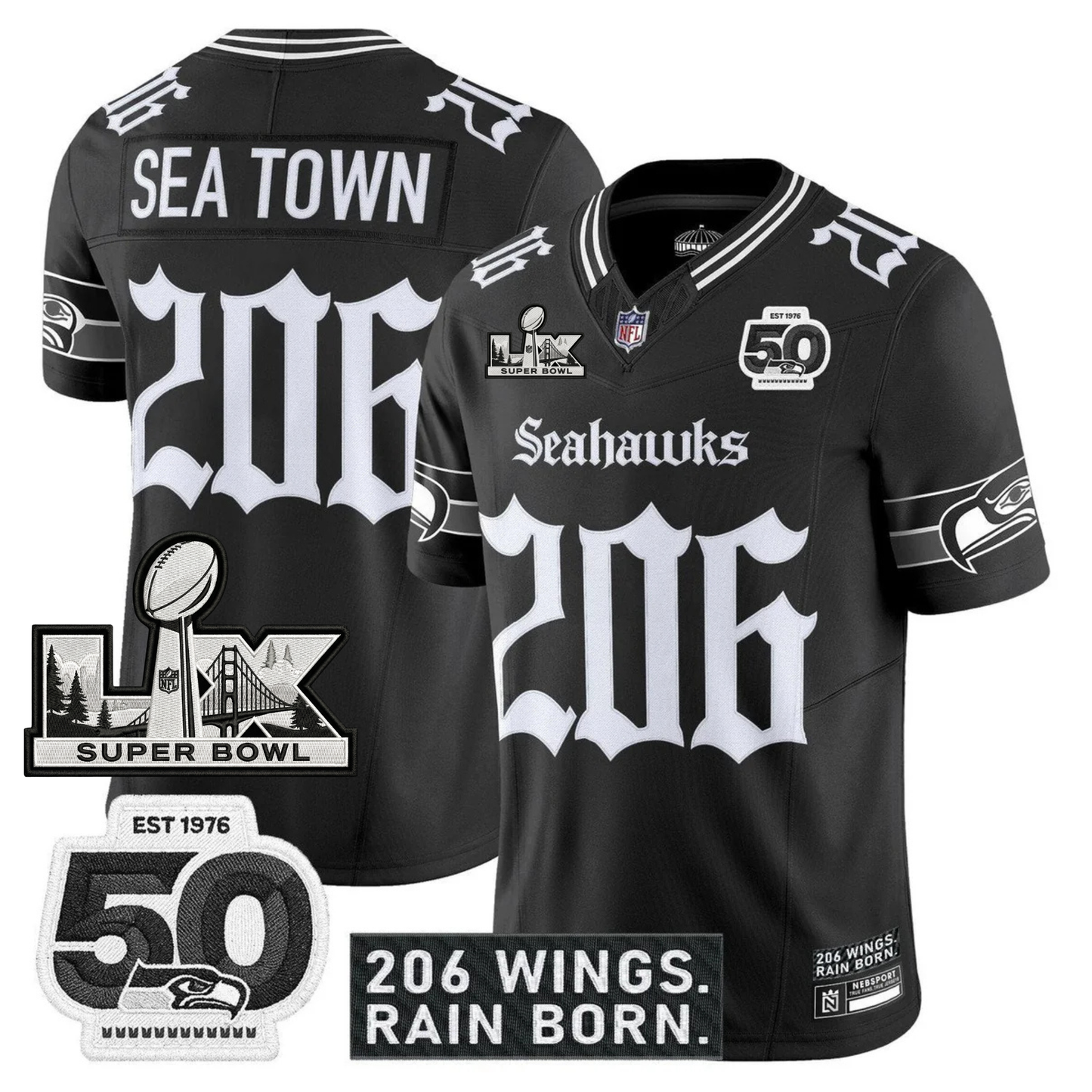 SEA 'Gothic Rain City Shadows Edition' Vapor Jersey - NFC Champions Patch - All Stitched