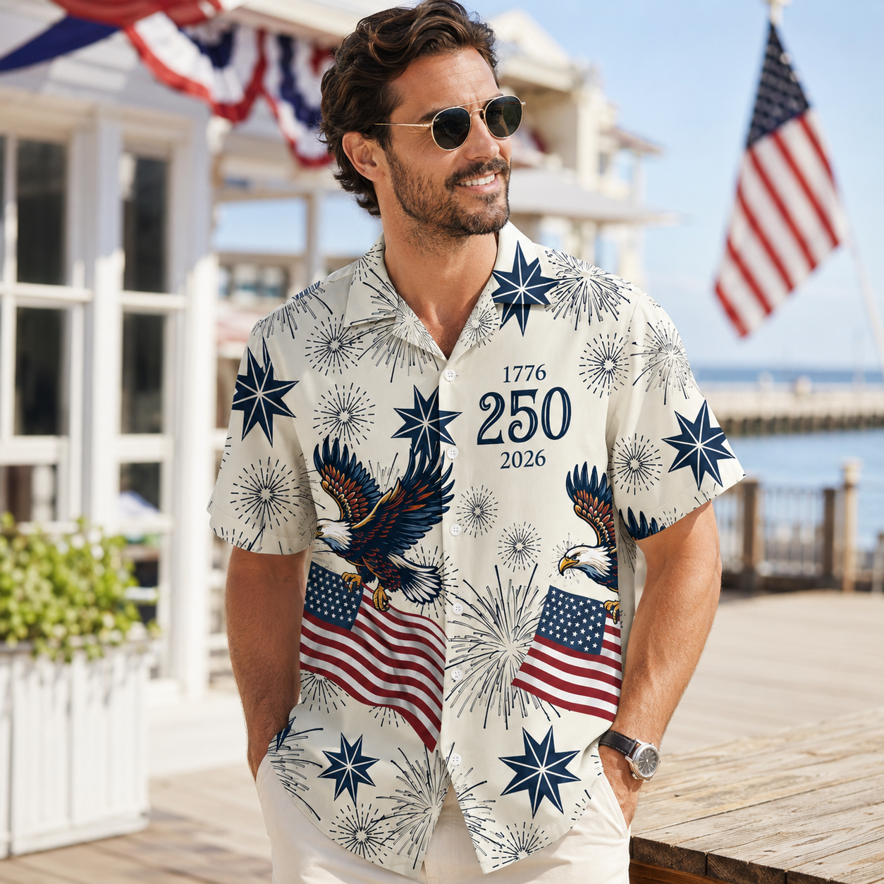America 250th Anniversary Toile De Jouy Style Patriotic Hawaiian Shirt