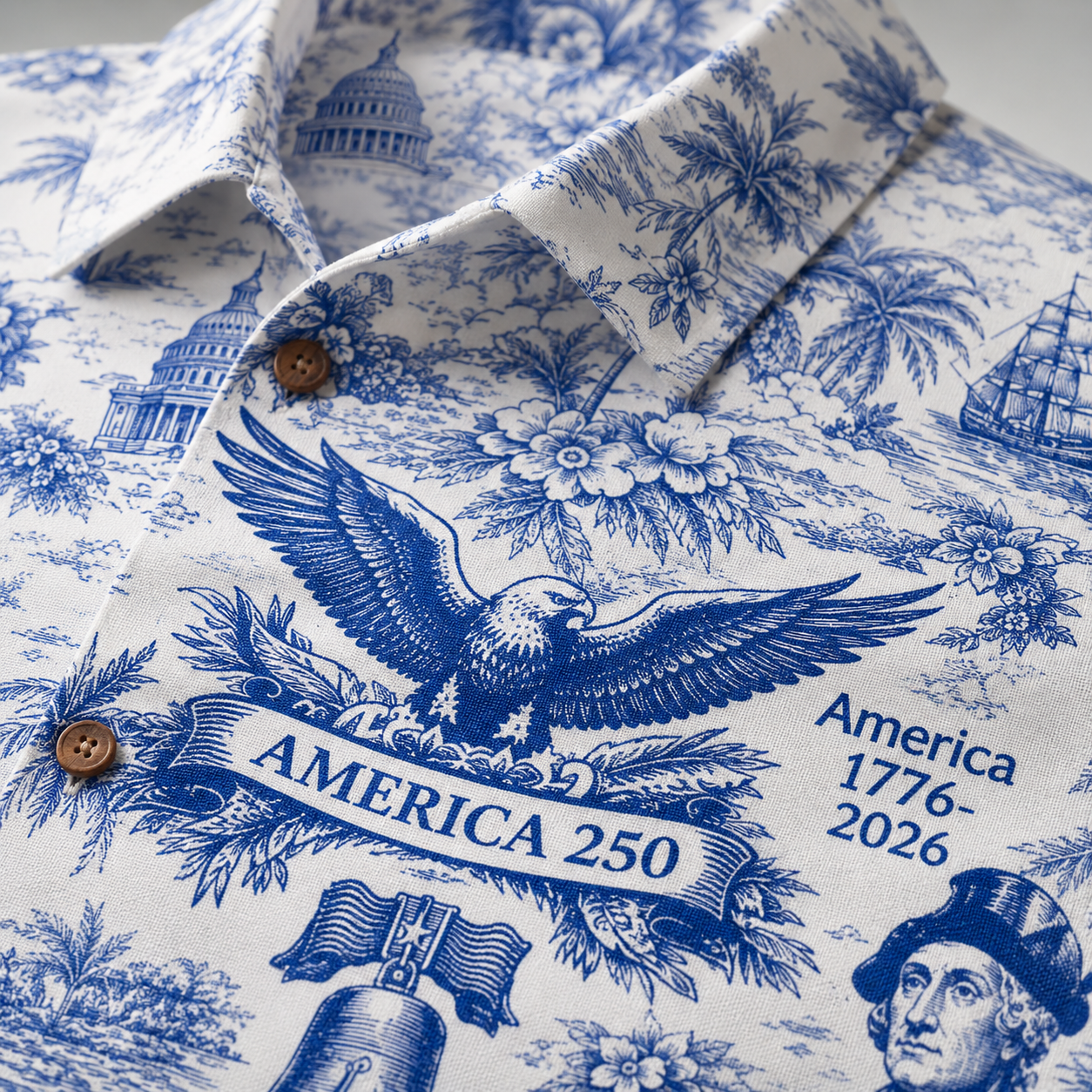 America 250th Anniversary Toile De Jouy Style Patriotic Hawaiian Shirt