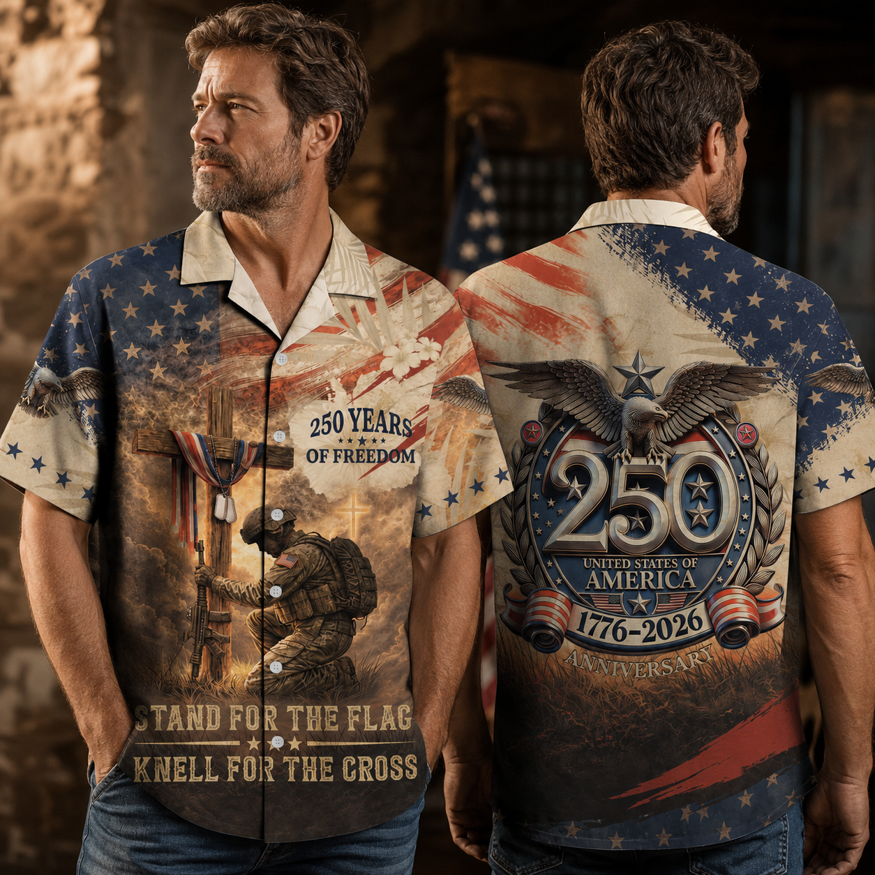 America 250th Anniversary Toile De Jouy Style Patriotic Hawaiian Shirt