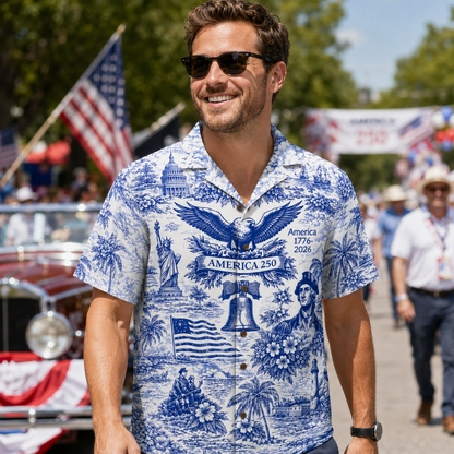 America 250th Anniversary Toile De Jouy Style Patriotic Hawaiian Shirt