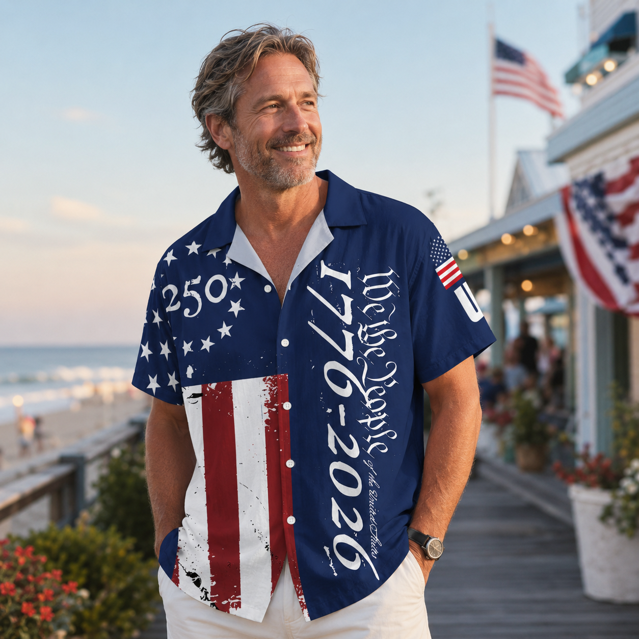 America 250th Anniversary Toile De Jouy Style Patriotic Hawaiian Shirt