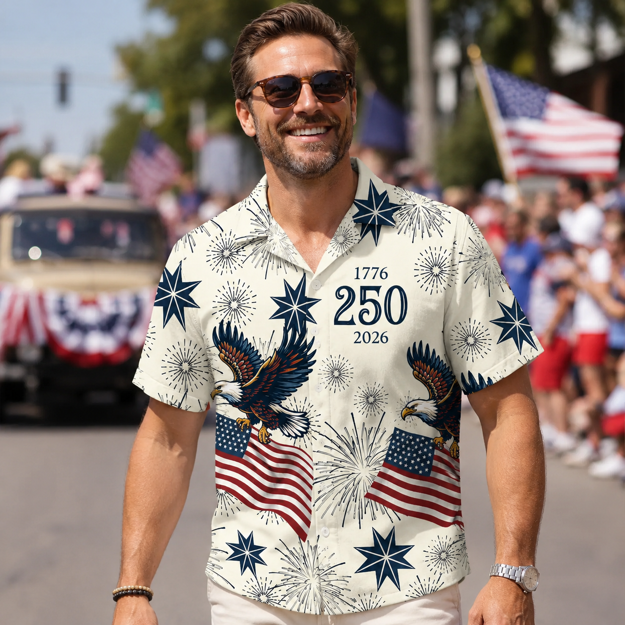 America 250th Anniversary Toile De Jouy Style Patriotic Hawaiian Shirt