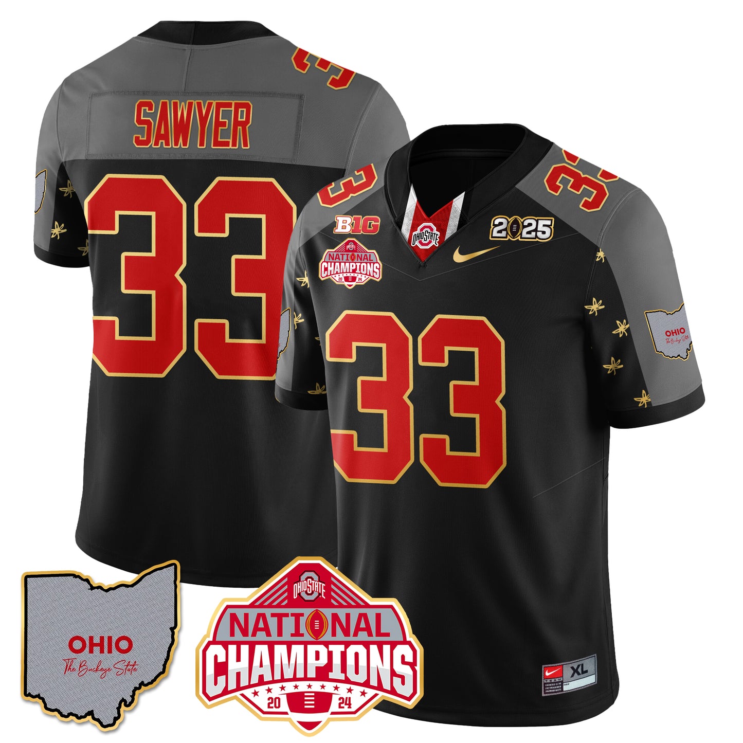 Ohio State Buckeyes 2025 CFP Patch - National Champions Gold Jersey - All Stitched