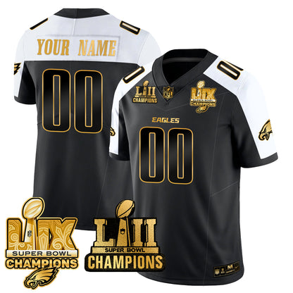 Philadelphia Eagles LII-LIX Super Bowl Champions Gold Custom Jersey - All Stitched