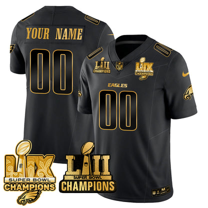 Philadelphia Eagles LII-LIX Super Bowl Champions Gold Custom Jersey - All Stitched