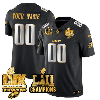 Philadelphia Eagles LII-LIX Super Bowl Champions Gold Custom Jersey - All Stitched