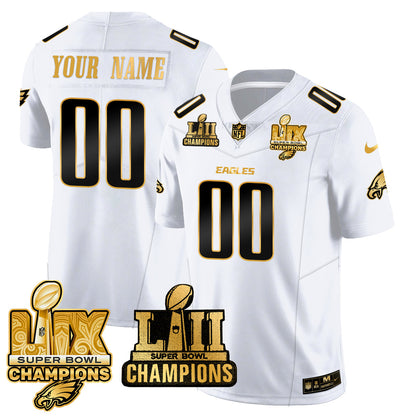 Philadelphia Eagles LII-LIX Super Bowl Champions Gold Custom Jersey - All Stitched