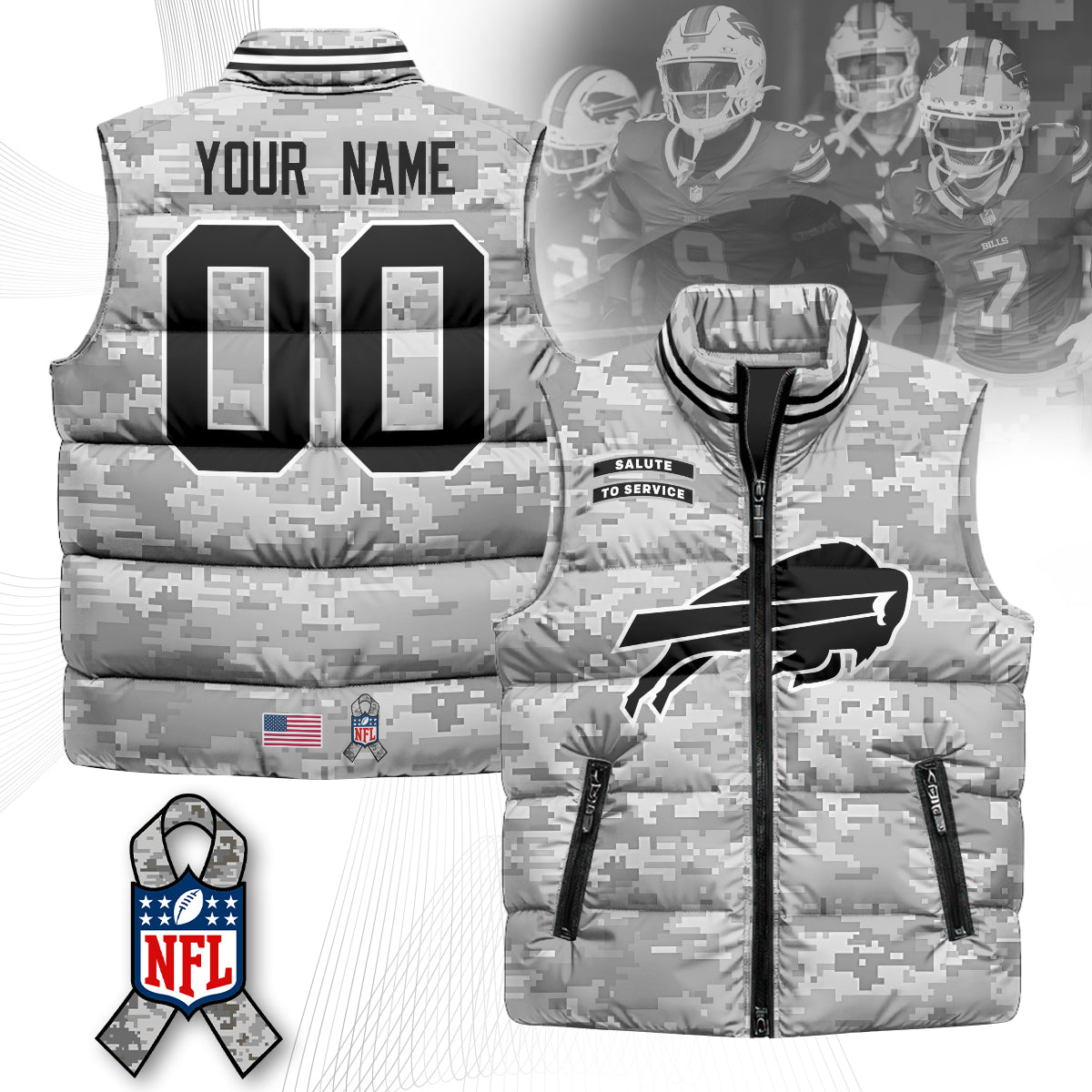 Personalized Buffalo Bills Salute To Service Puffer Vest