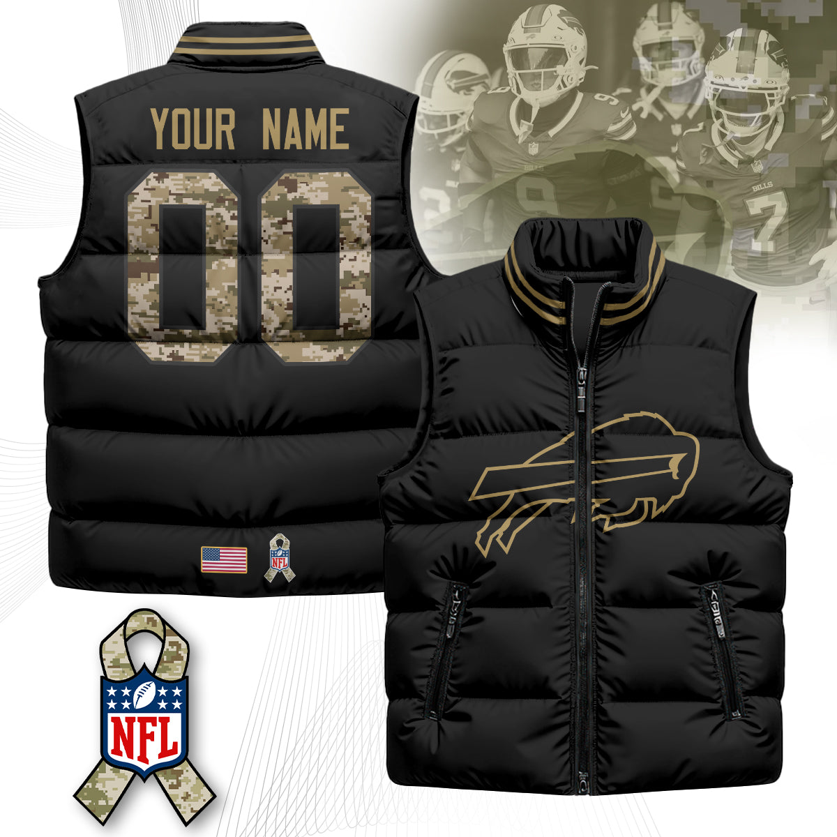 Personalized Buffalo Bills Salute To Service Puffer Vest