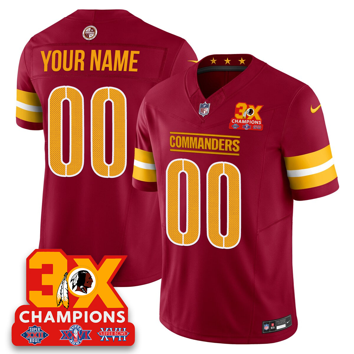 WAS 3-Time Champions Patch Vapor Limited Custom Jersey - All Stitched