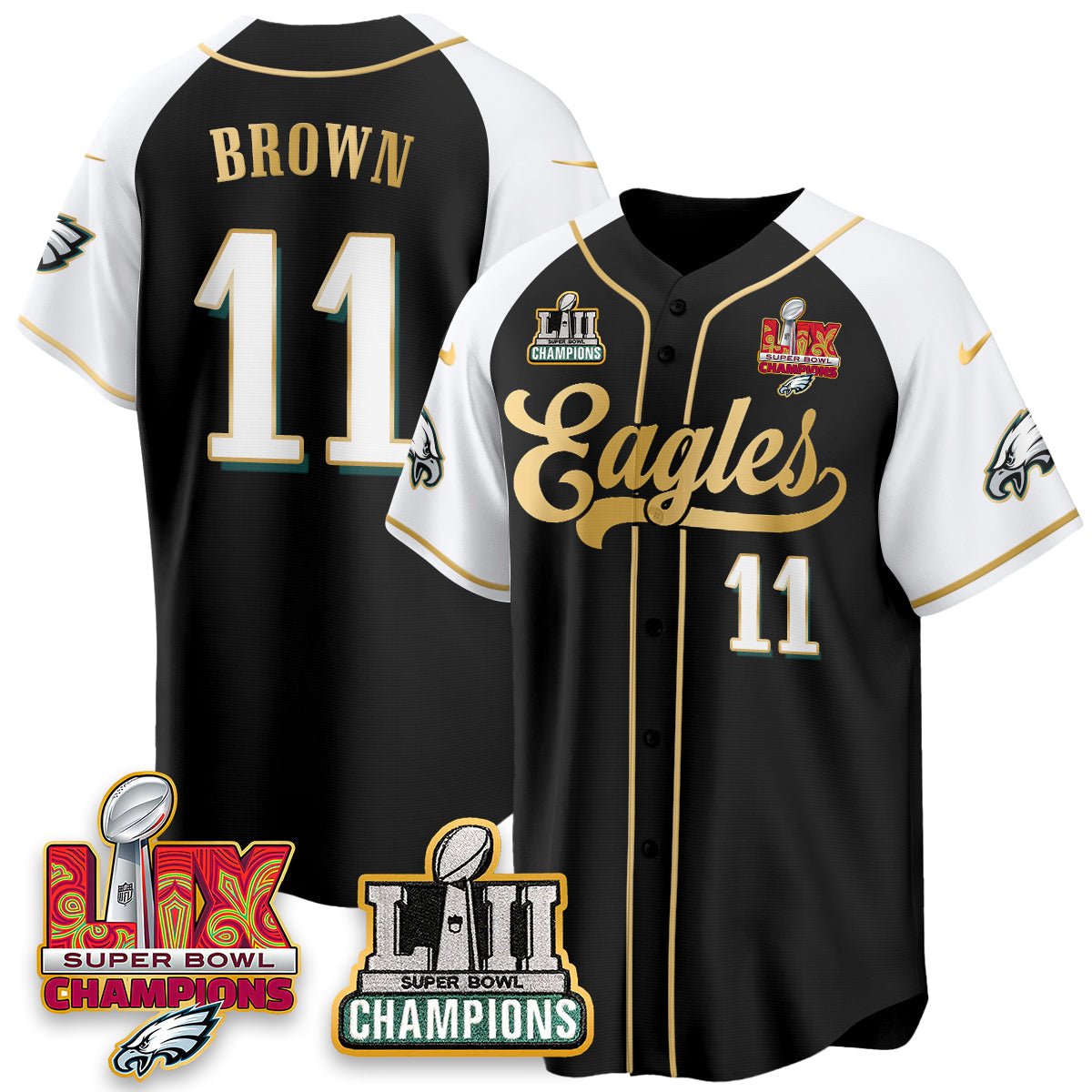 PHI LII-LIX Super Bowl Champions Vapor Limited Gold Baseball Jersey - All Stitched