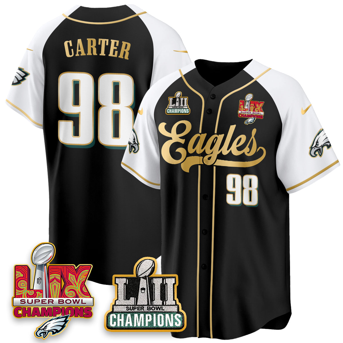 PHI LII-LIX Super Bowl Champions Vapor Limited Gold Baseball Jersey - All Stitched