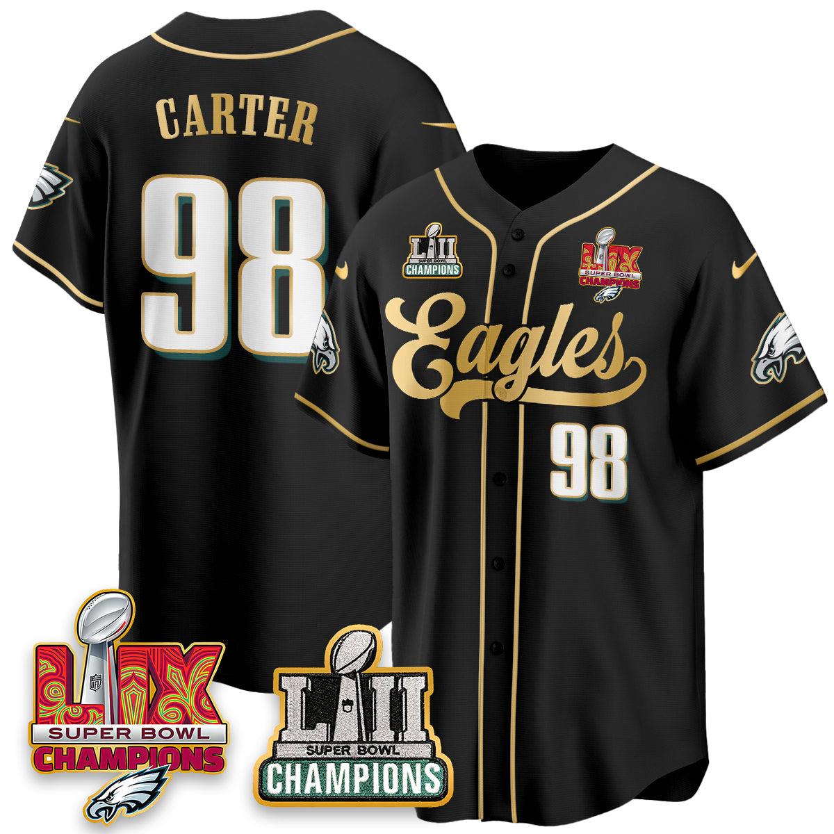 PHI LII-LIX Super Bowl Champions Vapor Limited Gold Baseball Jersey - All Stitched