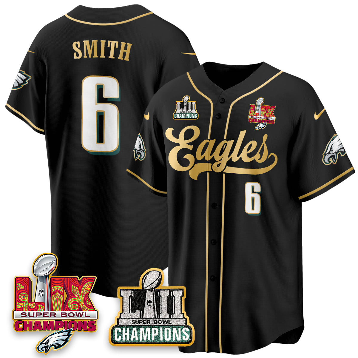 PHI LII-LIX Super Bowl Champions Vapor Limited Gold Baseball Jersey - All Stitched