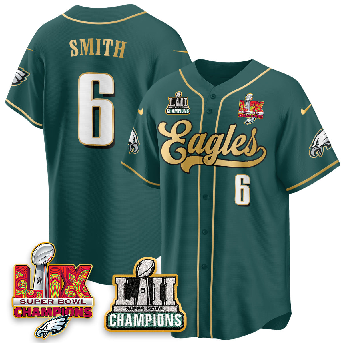 PHI LII-LIX Super Bowl Champions Vapor Limited Gold Baseball Jersey - All Stitched
