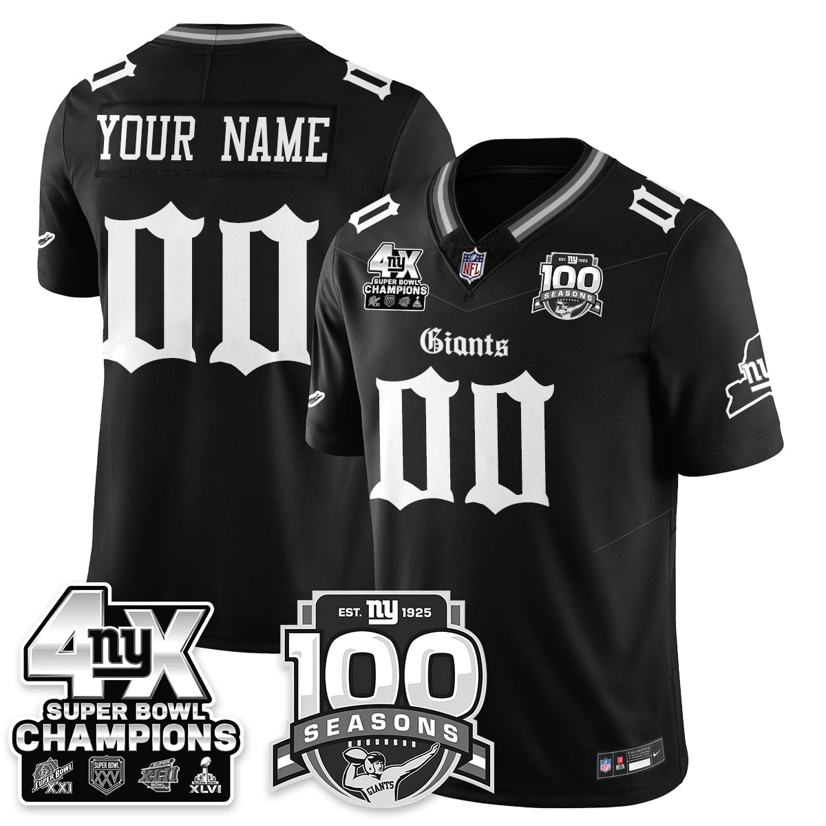 NYG 4-Time Champions Gothic Vapor Limited Custom Jersey - 100th Seasons