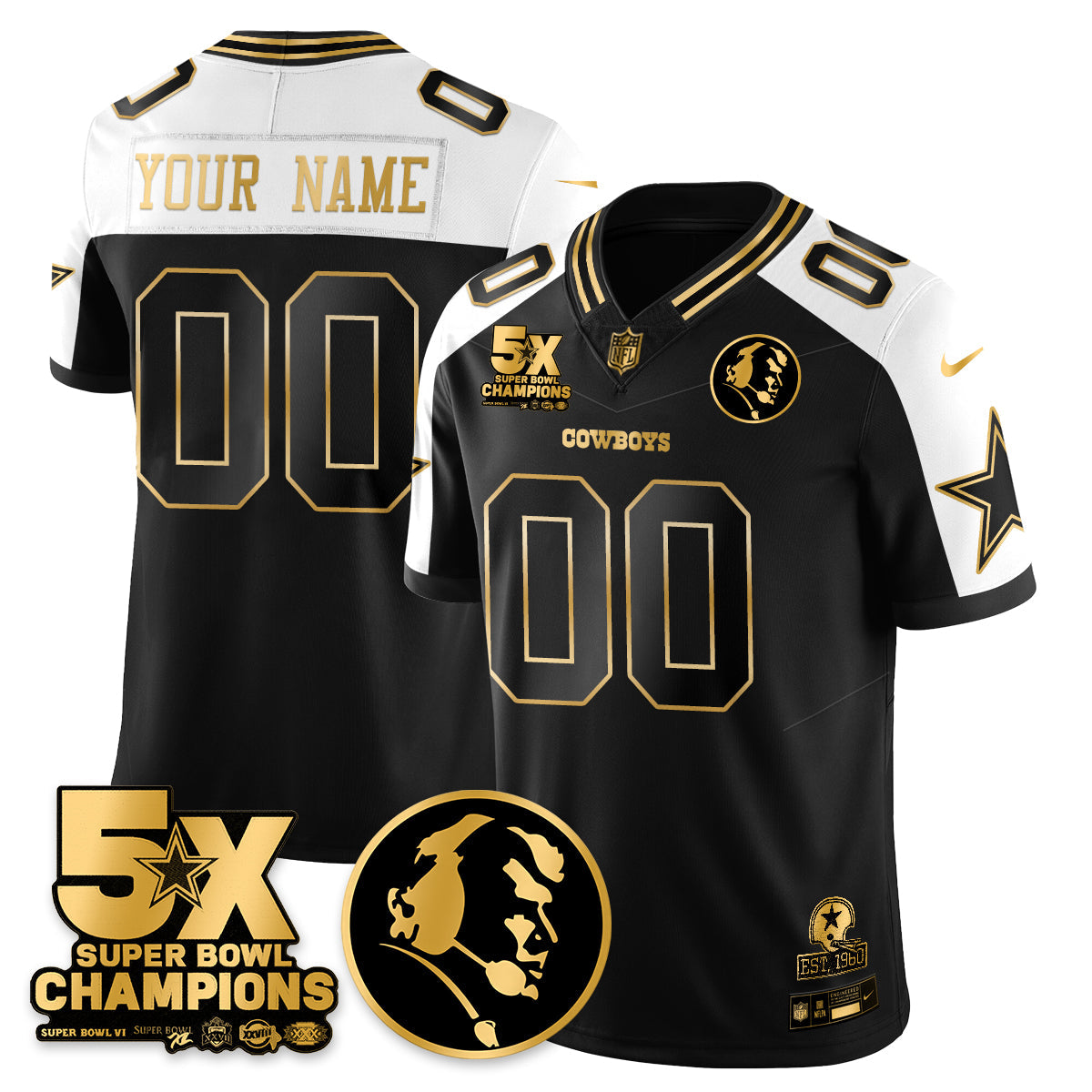 Custom DAL 5-Time Champions Vapor Limited Gold Jersey - John Madden Patch