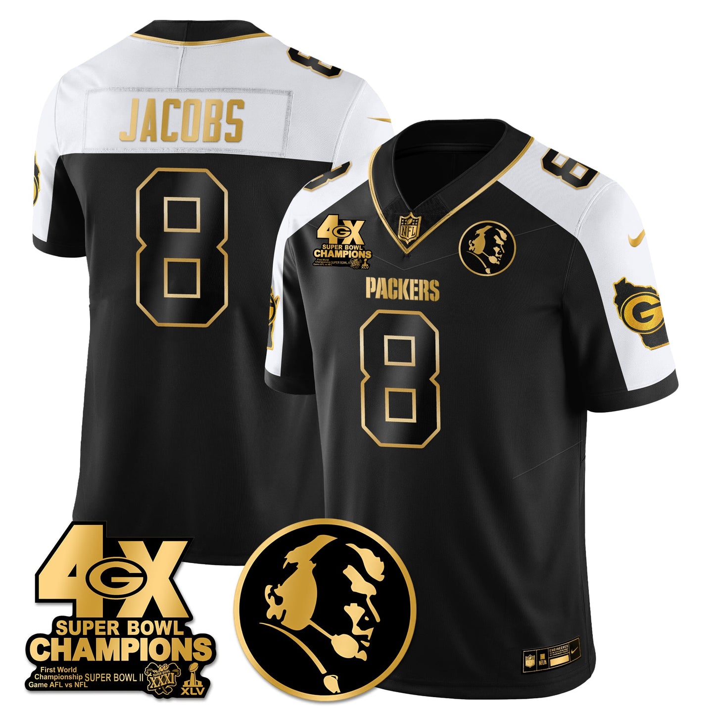 GB 4-Time Champions Vapor Limited Gold Jersey - John Madden Patch - All Stitched