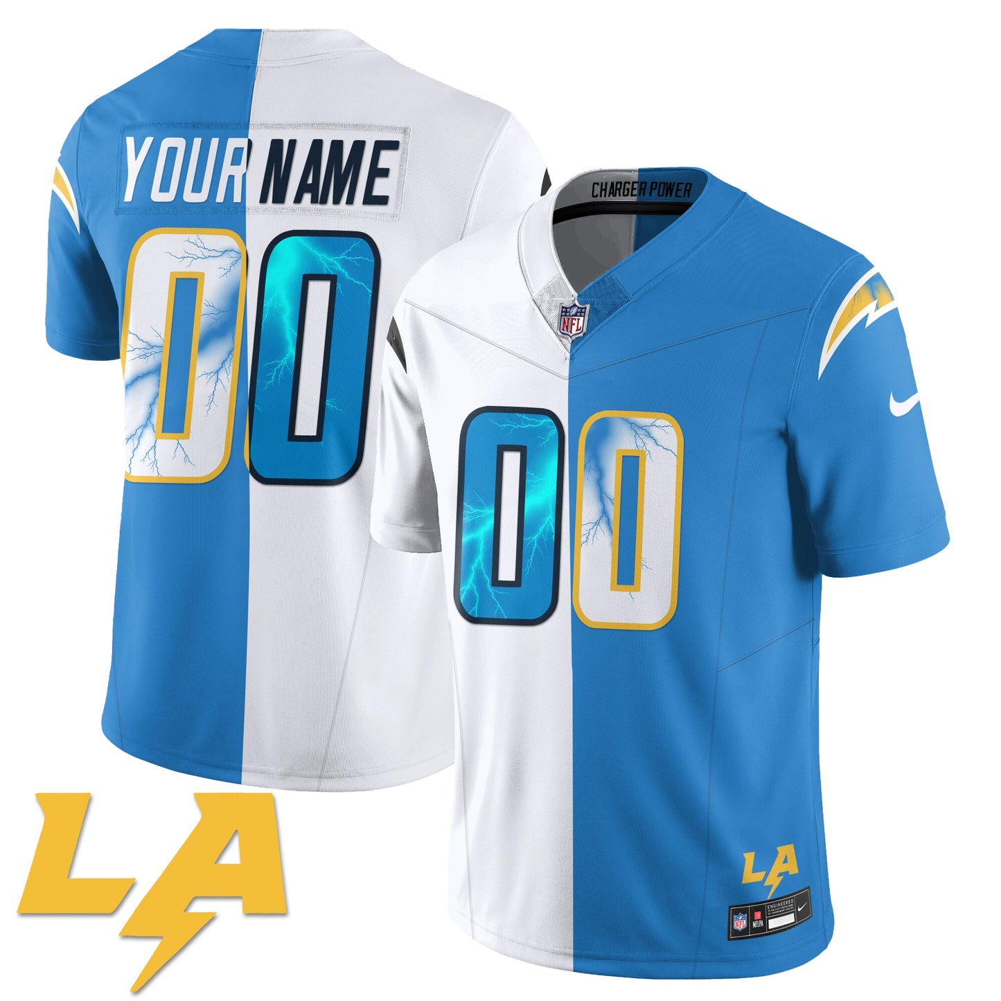 Custom Los Angeles Chargers Lighting Rivalry Concept Split Jersey - All Stitched
