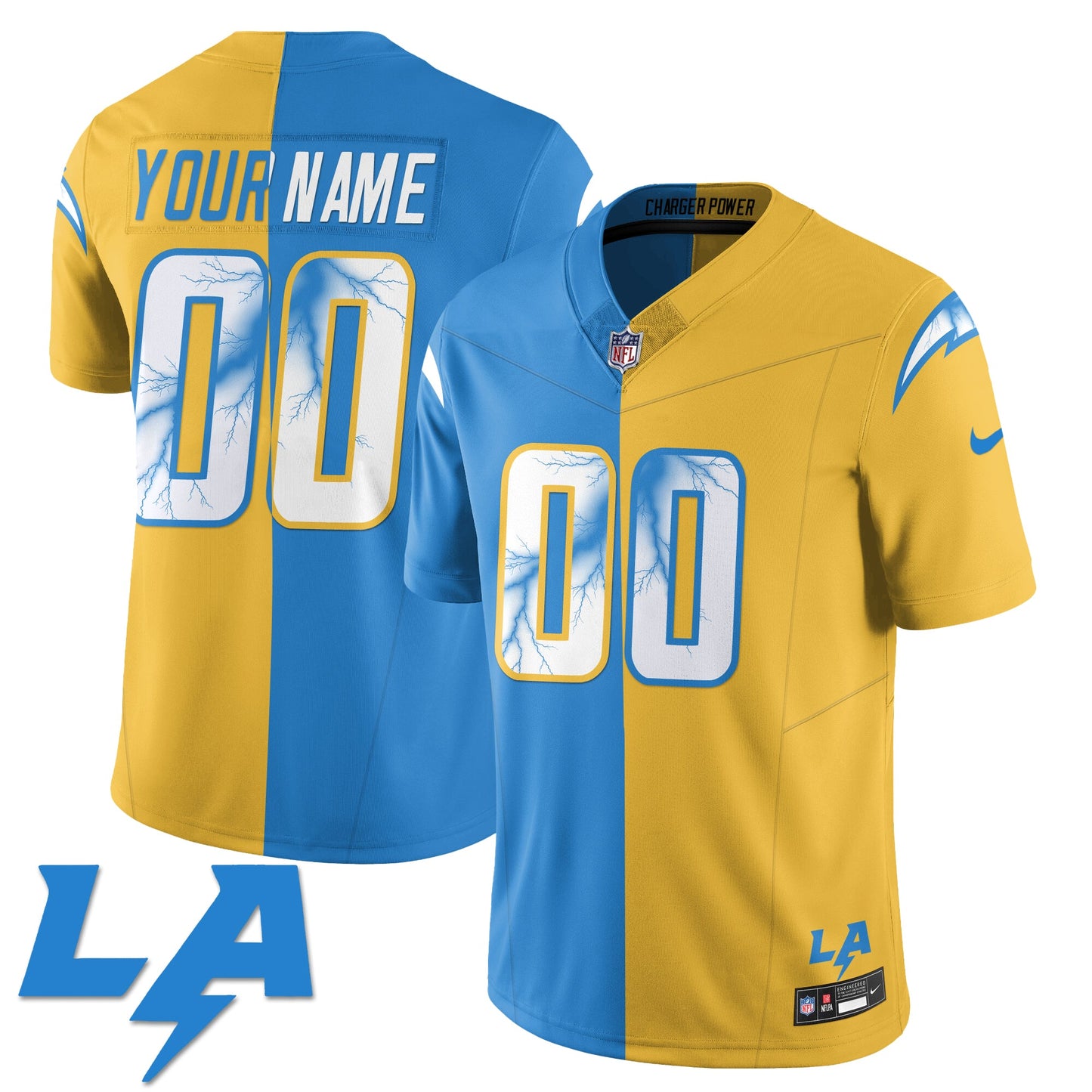 Custom Los Angeles Chargers Lighting Rivalry Concept Split Jersey - All Stitched