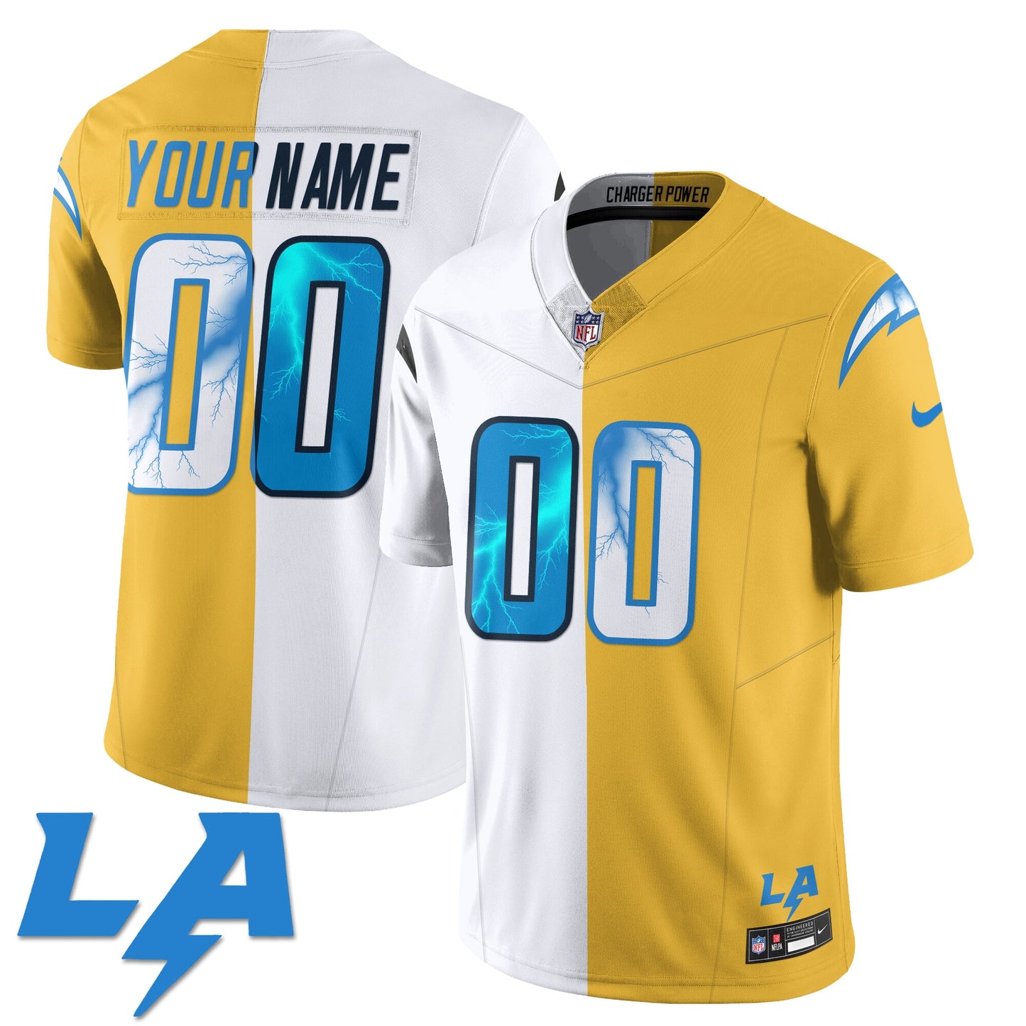 Custom Los Angeles Chargers Lighting Rivalry Concept Split Jersey - All Stitched