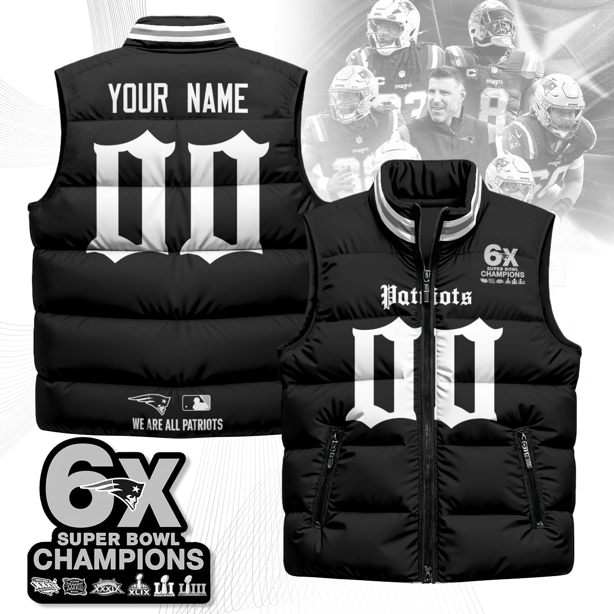 Custom NE 6-Time Champions Gothic Unisex Puffer Vest