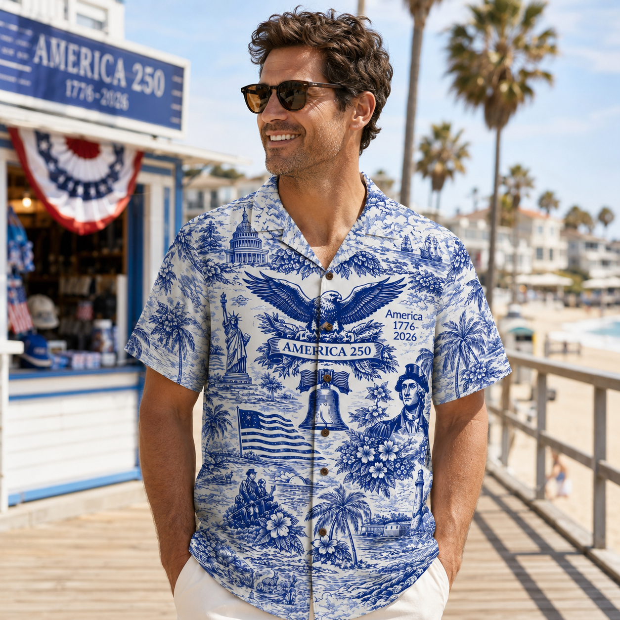 America 250th Anniversary Toile De Jouy Style Patriotic Hawaiian Shirt