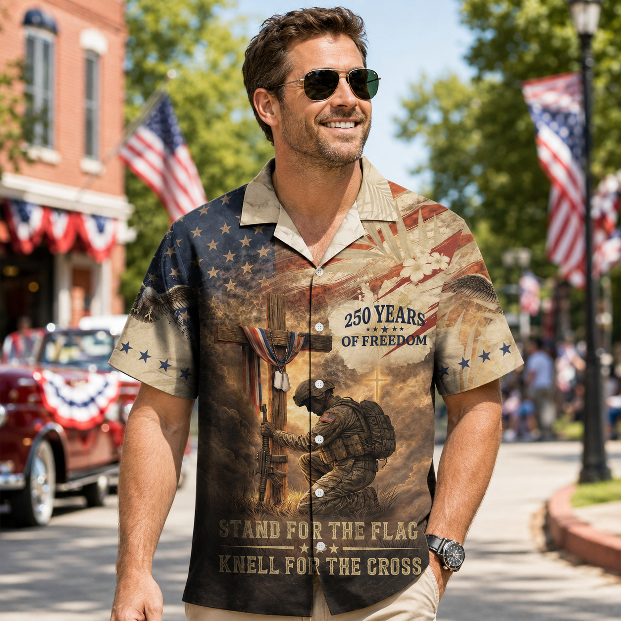 America 250th Anniversary Toile De Jouy Style Patriotic Hawaiian Shirt