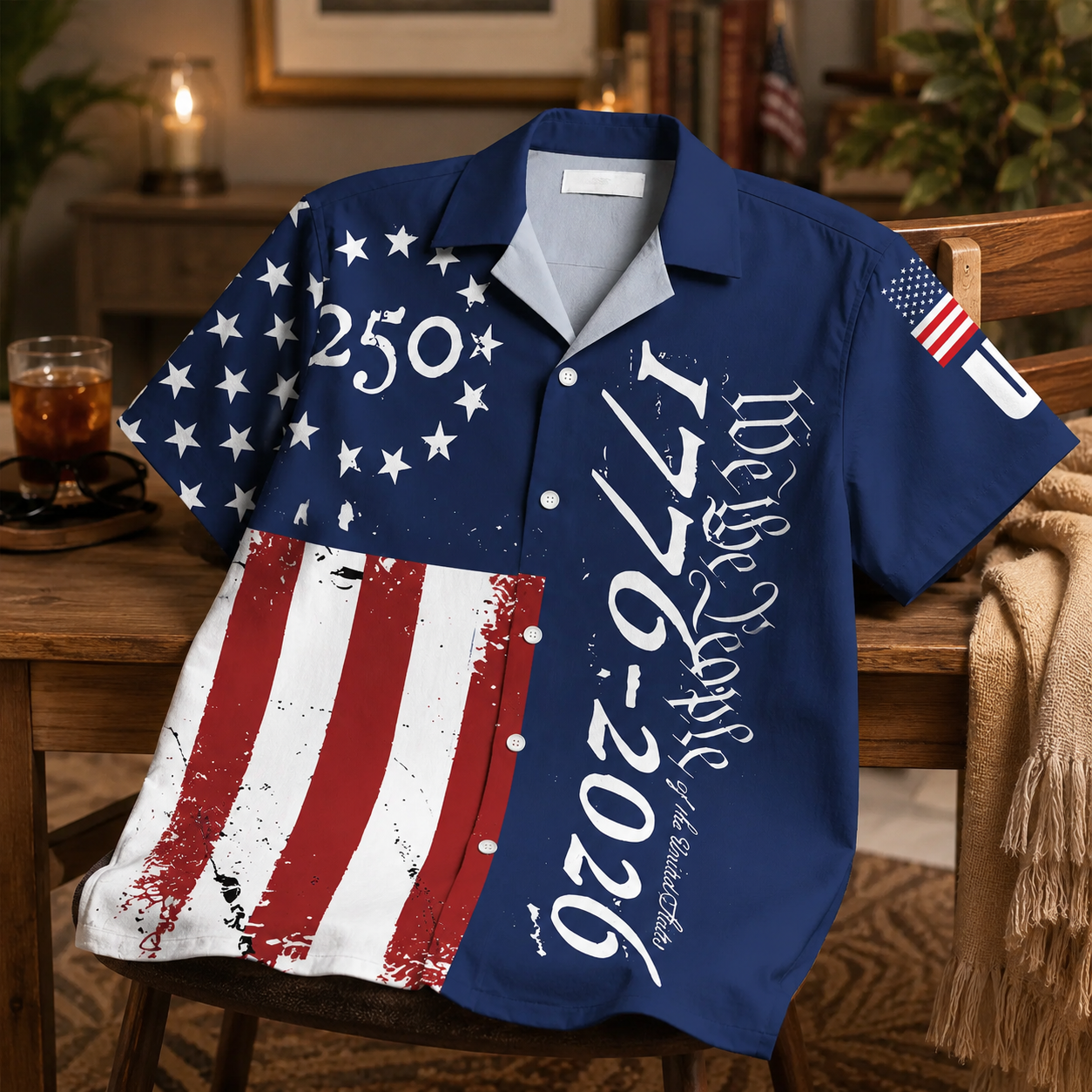 America 250th Anniversary Toile De Jouy Style Patriotic Hawaiian Shirt