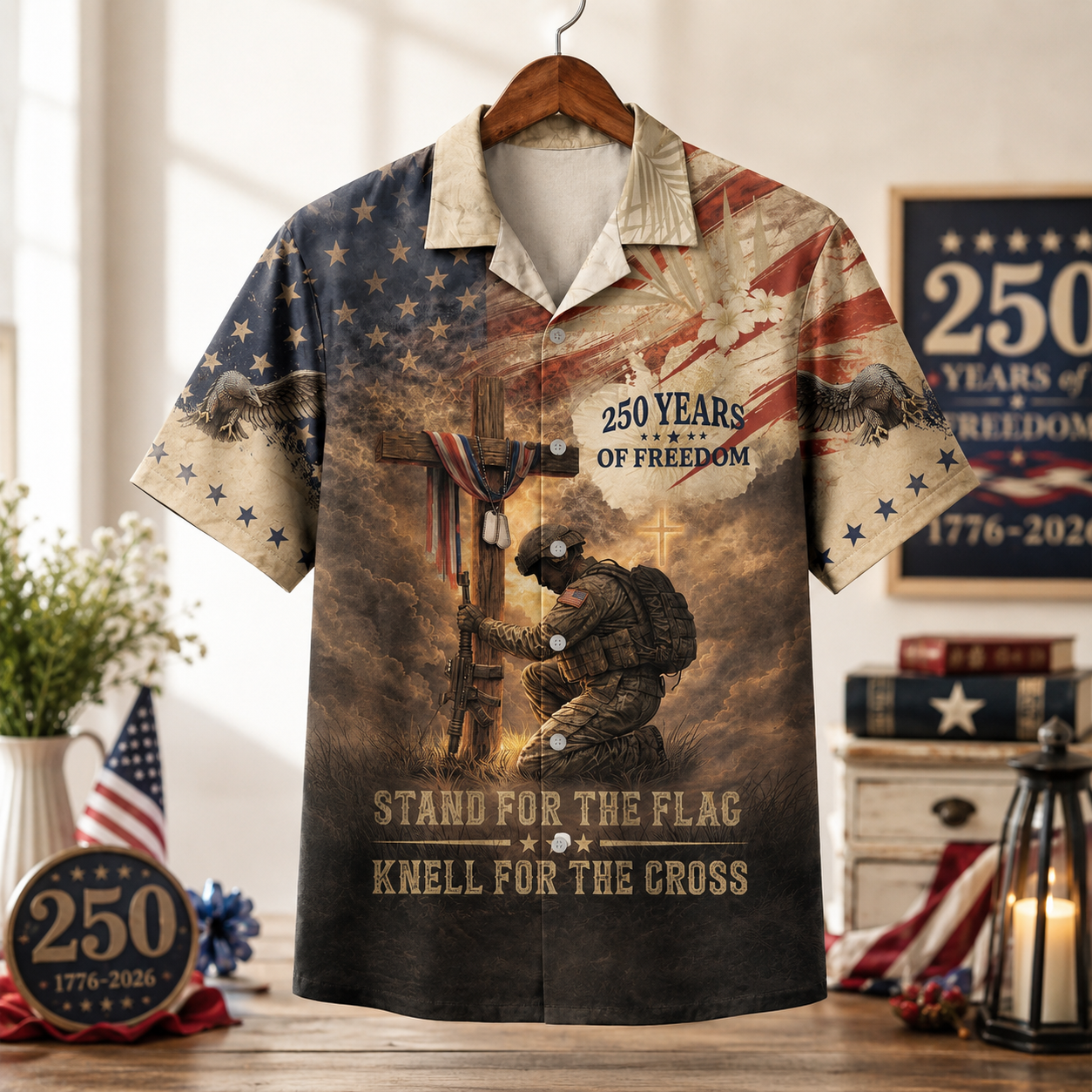 America 250th Anniversary Toile De Jouy Style Patriotic Hawaiian Shirt