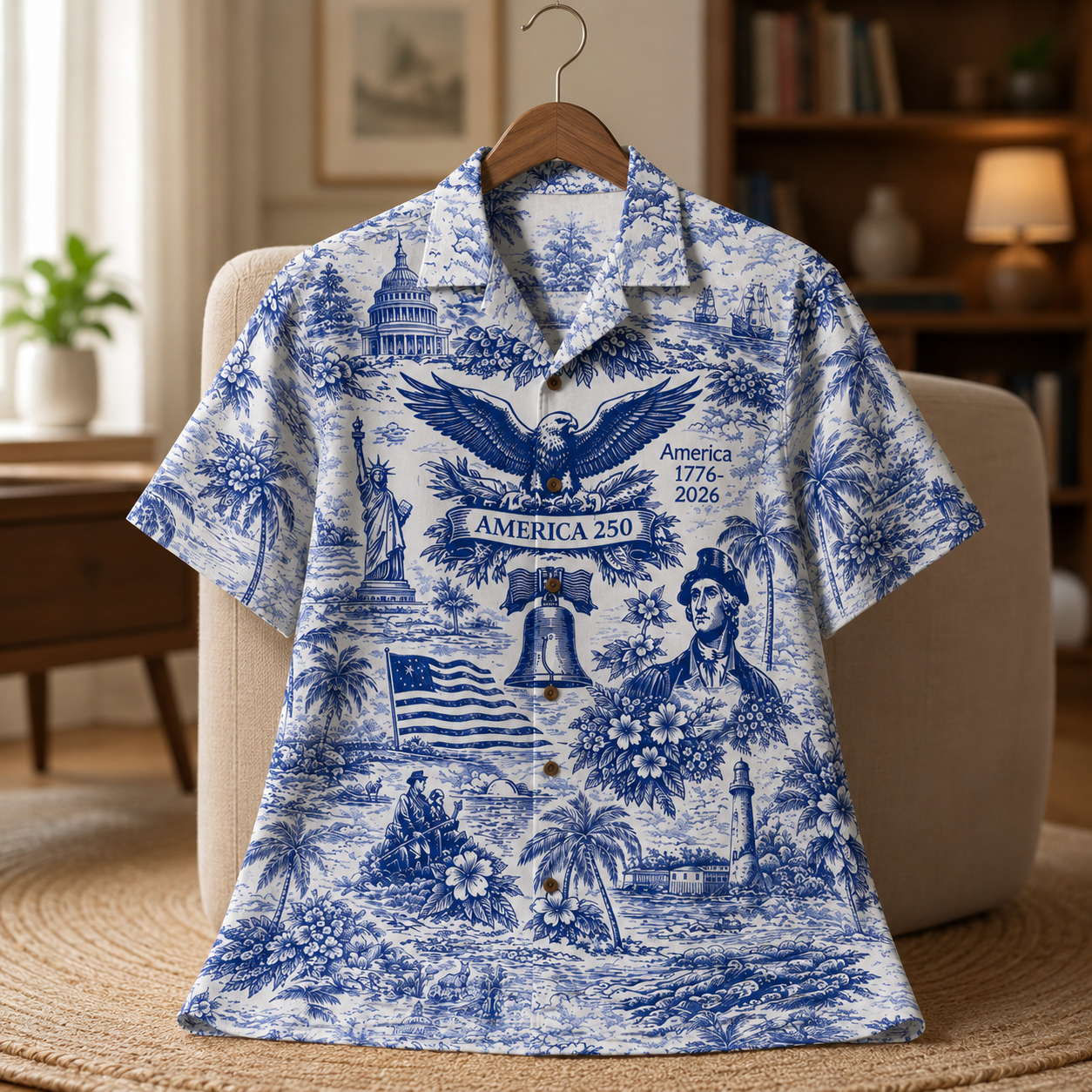 America 250th Anniversary Toile De Jouy Style Patriotic Hawaiian Shirt