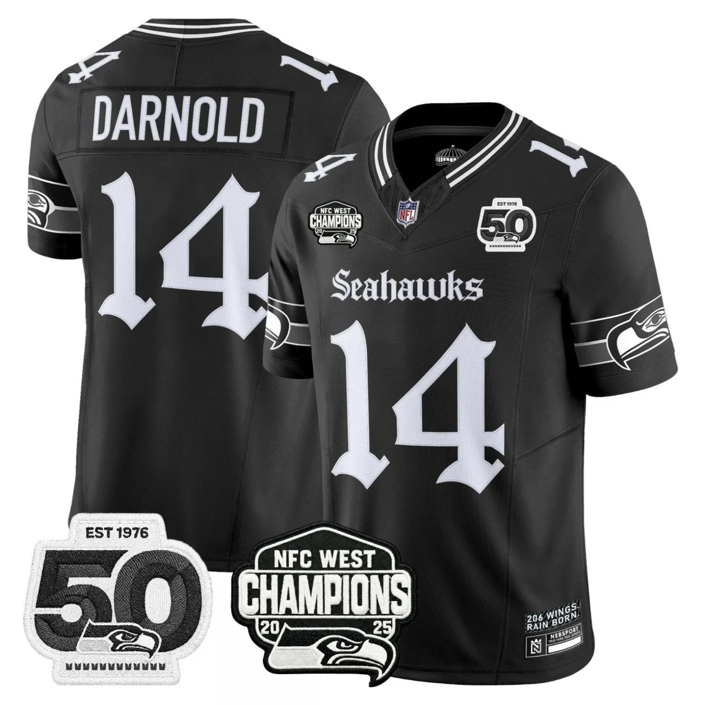 SEA 50th & NFC West Champions Patch Gothic Edition Jersey - All Stitched