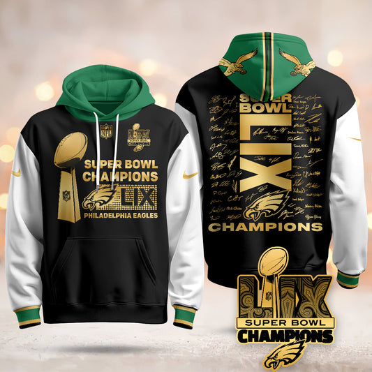 Philadelphia Eagles Super Bowl LIX Champions Roster Signing Gold Hoodie