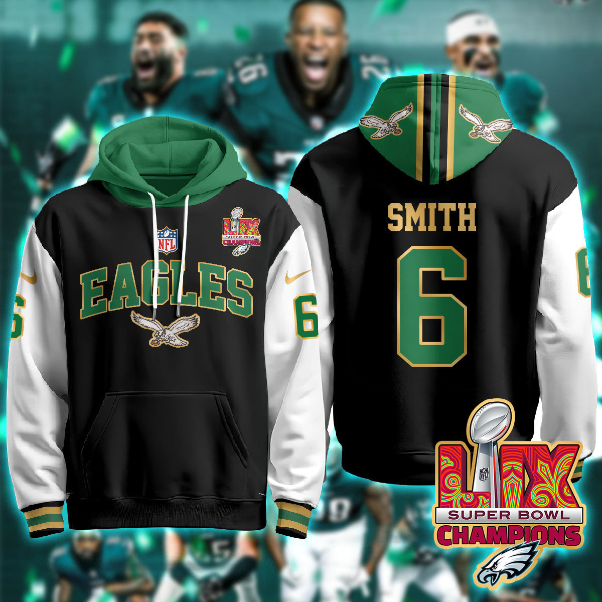 Philadelphia Eagles Super Bowl LIX Champions Gold Hoodie - All Stitched