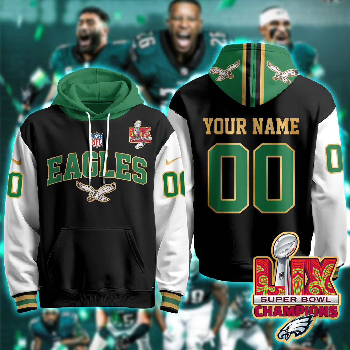 Philadelphia Eagles Super Bowl LIX Champions Custom Gold Hoodie - All Stitched