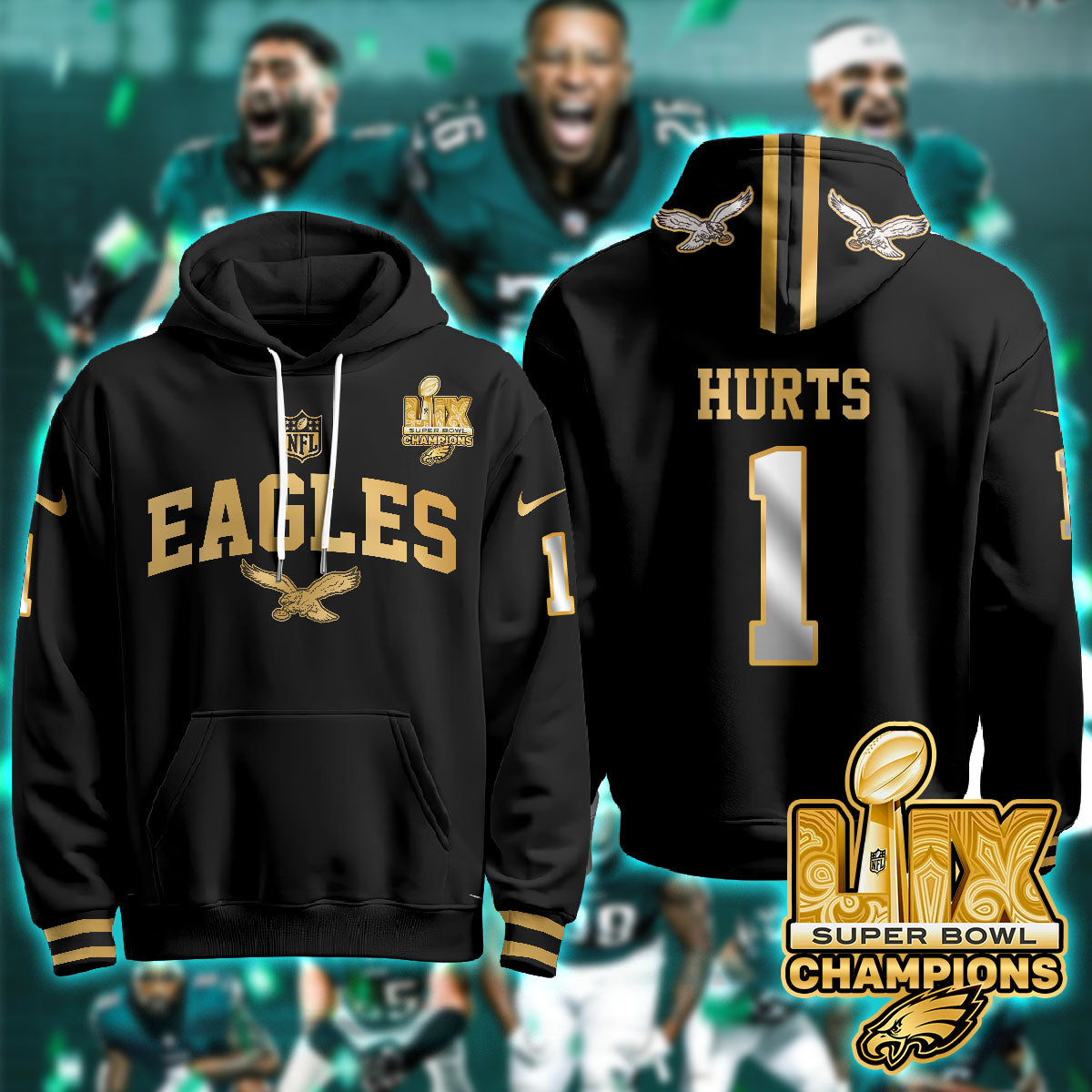 Philadelphia Eagles Super Bowl LIX Champions Gold Hoodie - All Stitched