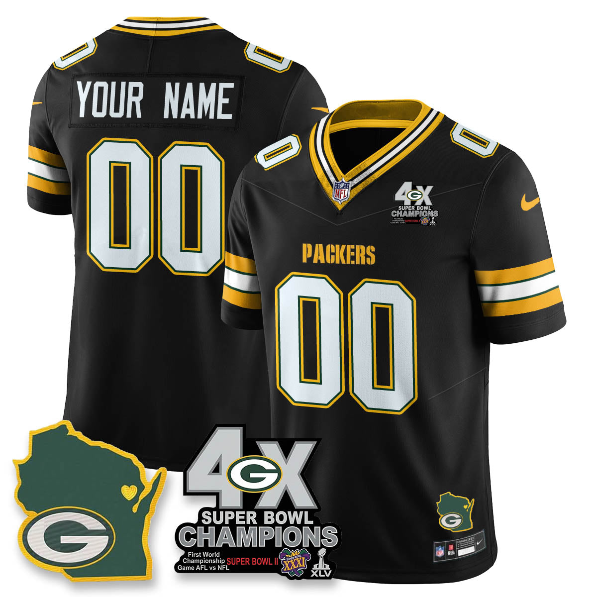 Custom GB 4-Time Champions Patch Vapor Limited Jersey - All Stitched