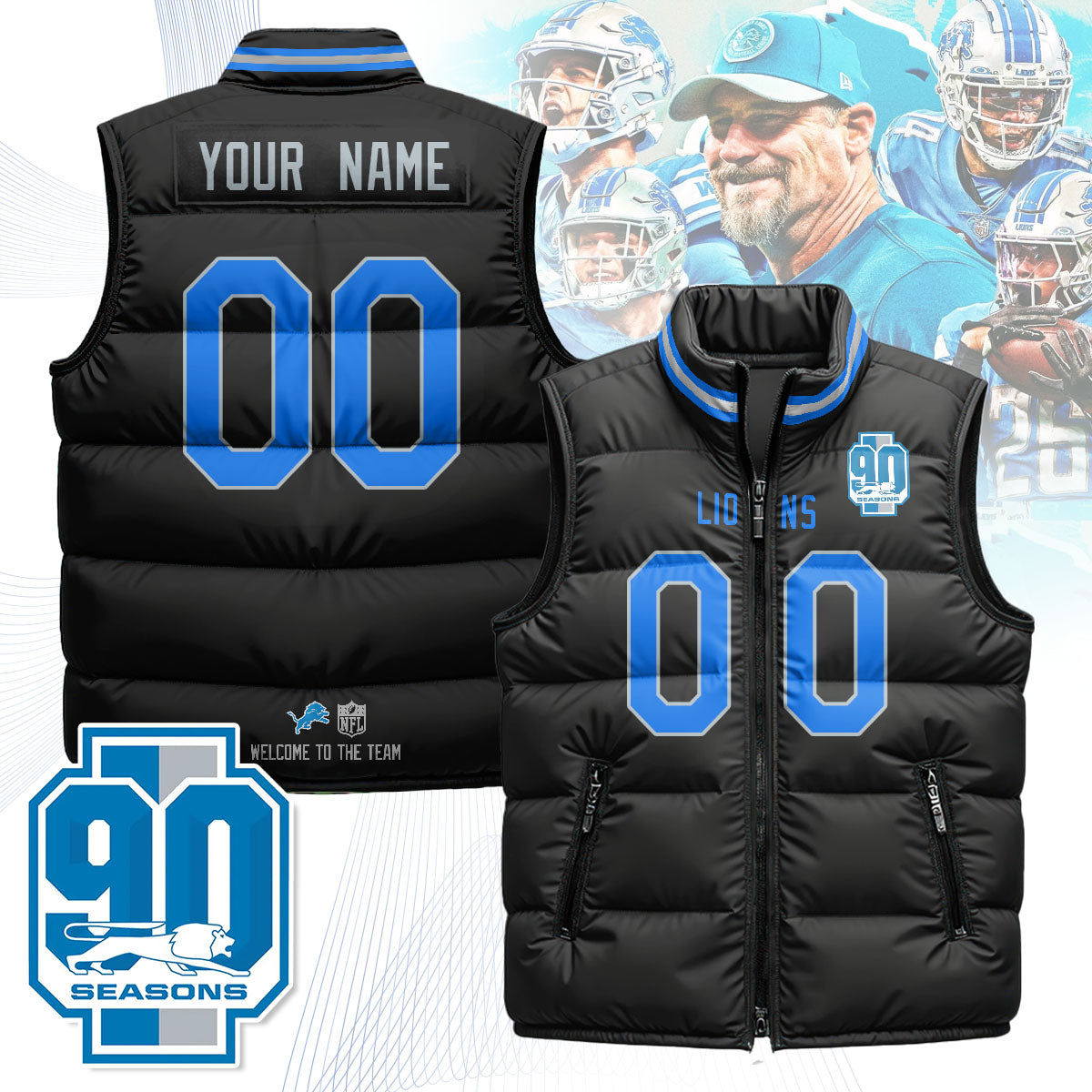 Personalized Detroit Lions Unisex Puffer Vest - Printed