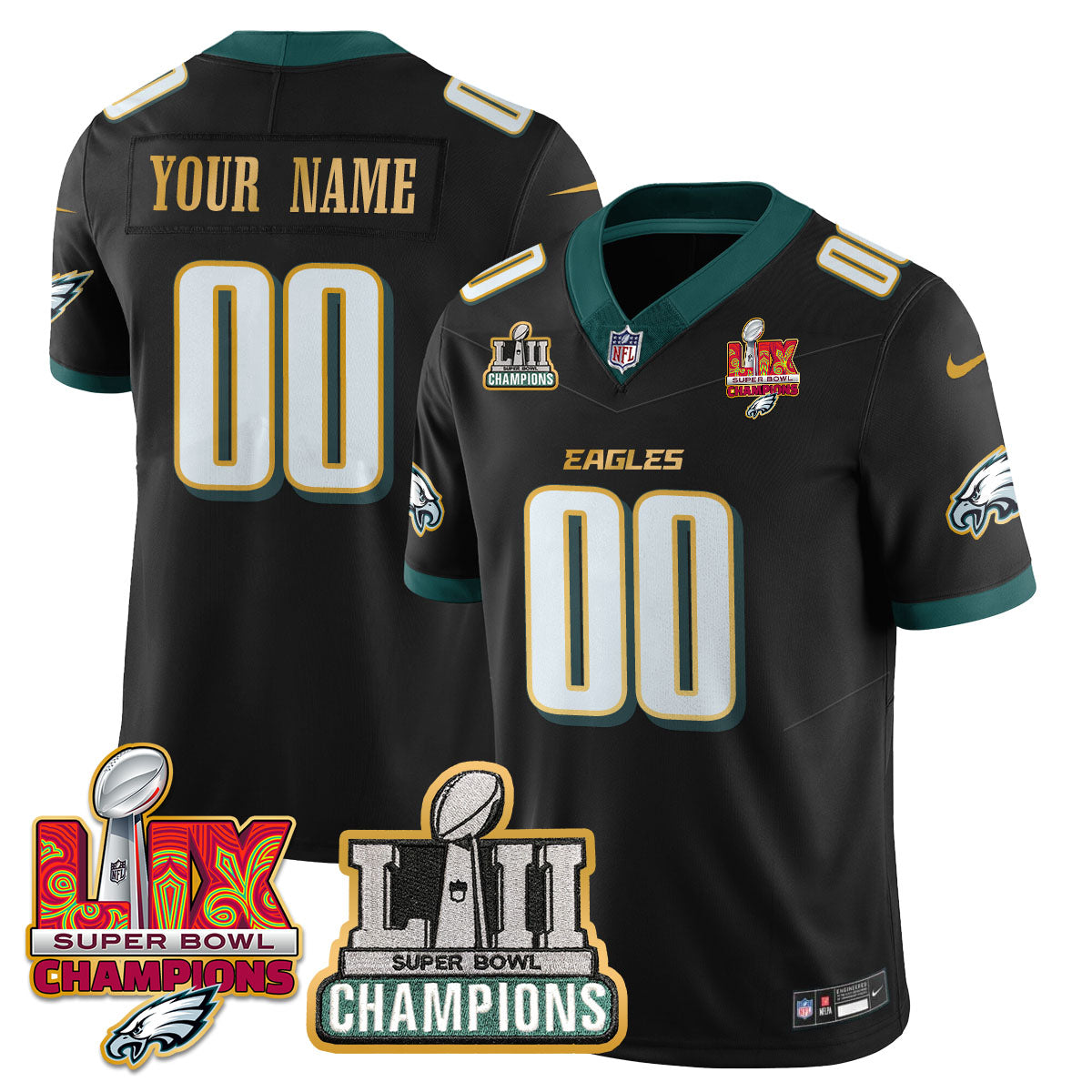 Philadelphia Eagles LII-LIX Super Bowl Champions Gold Custom Jersey - All Stitched