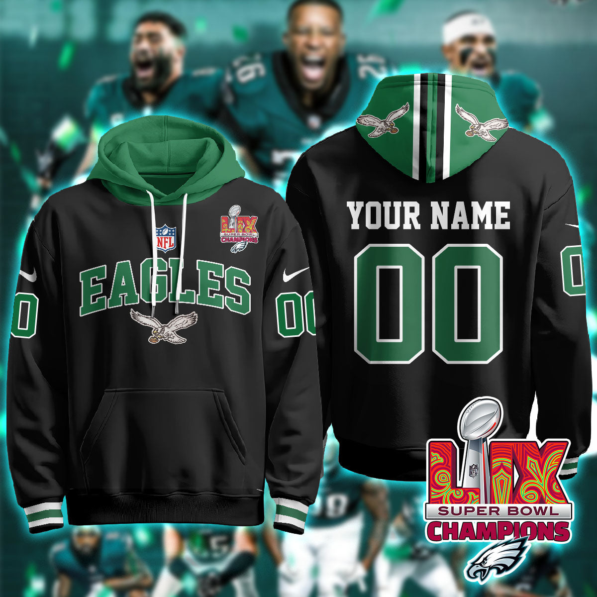 Philadelphia Eagles Super Bowl LIX Champions Custom Hoodie - All Stitched