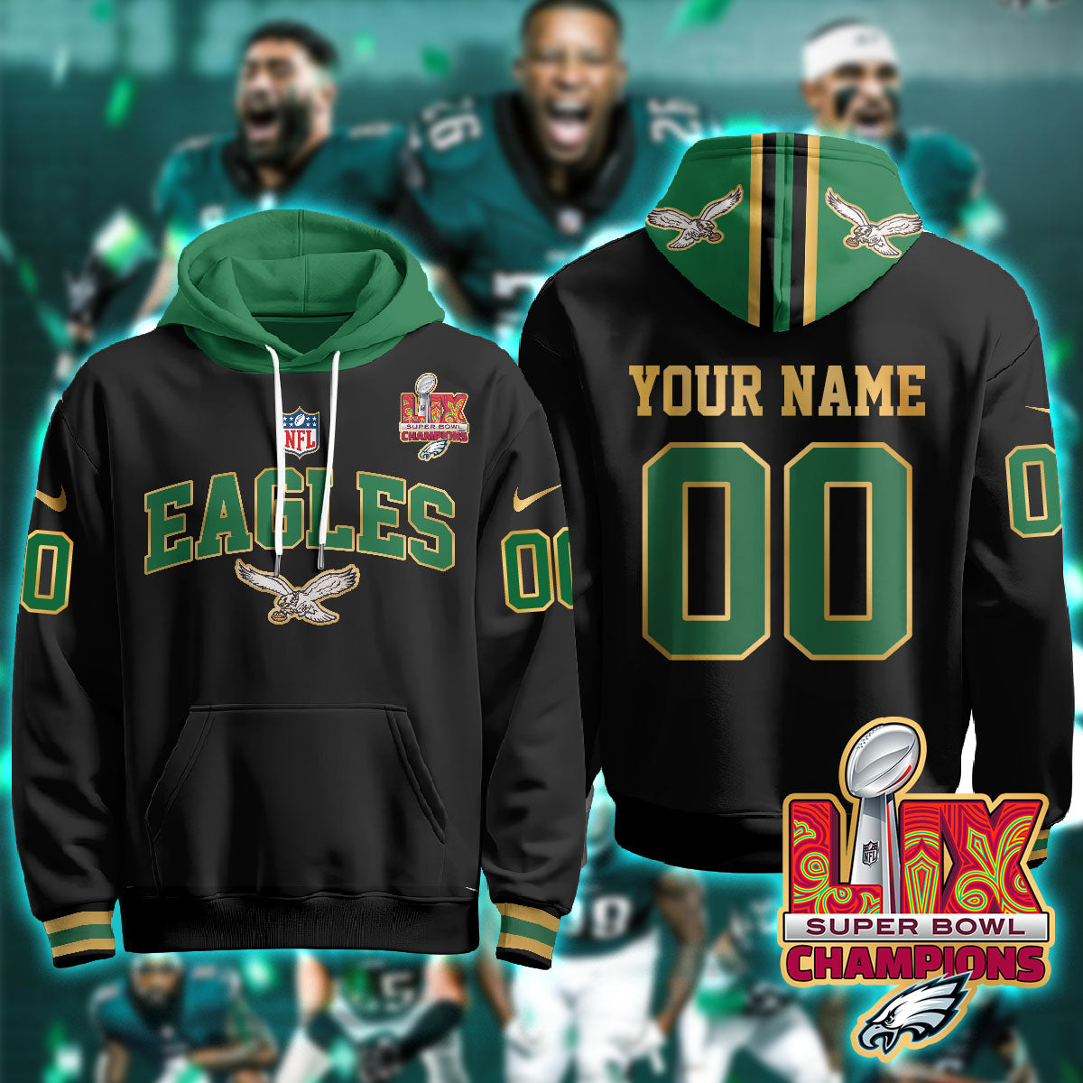 Philadelphia Eagles Super Bowl LIX Champions Custom Gold Hoodie - All Stitched