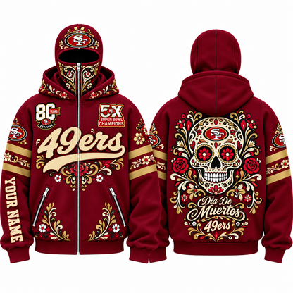 SF Día de los Muertos Personalized Mask Zip Up Hoodie - Printed