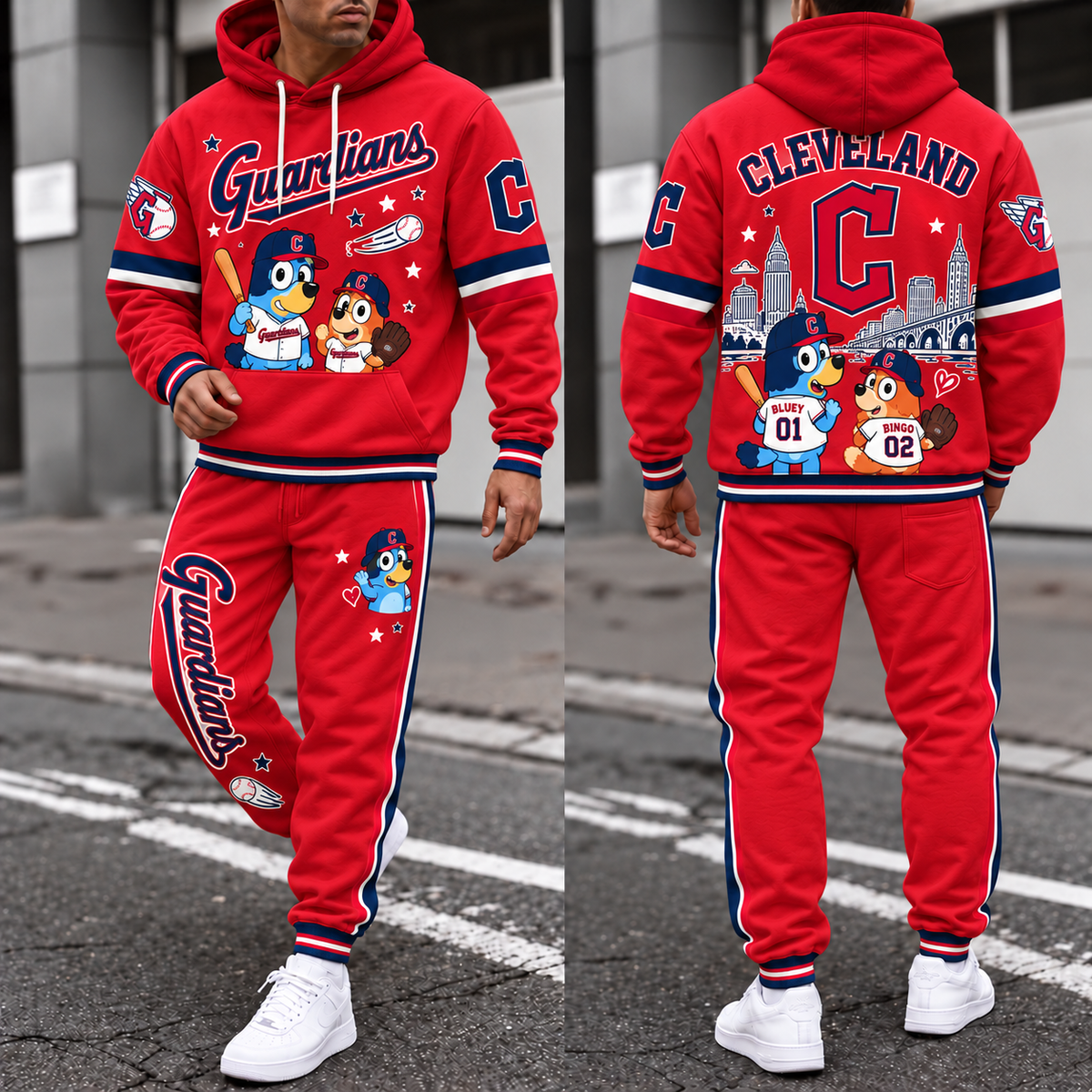 CLE x Blue Cartoon Character Hoodie Pants Set - Printed